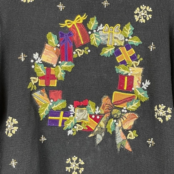 Victoria Jones Vintage Beaded Embroidered Christmas Wreath Sweater; Size L - Picture 2 of 8